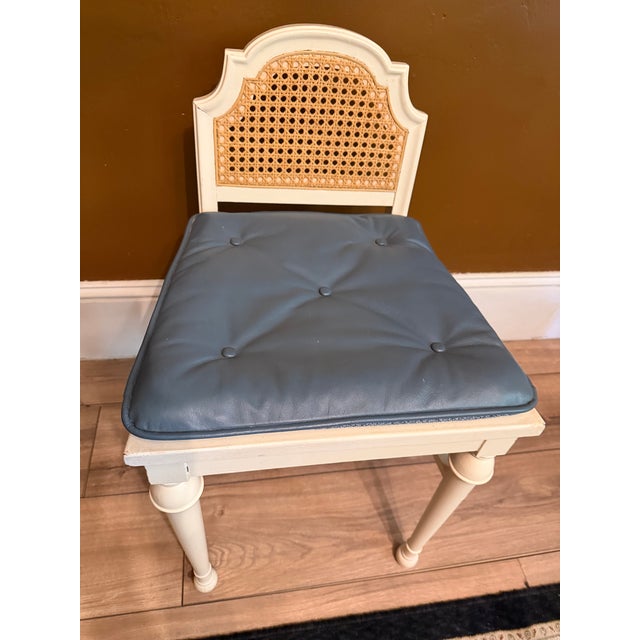Wood Vintage Cane and Wood Vanity Chair With Custom Blue Leather Tufted Cushion For Sale - Image 7 of 15