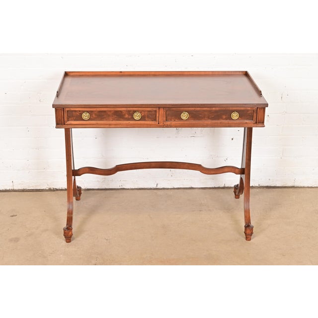 English Baker Furniture English Regency Burled Walnut Writing Desk or Console Table, Newly Refinished For Sale - Image 3 of 12