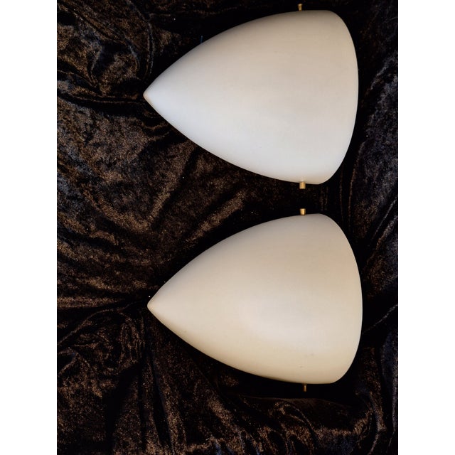 Vintage Minimalist Ceiling Lamps with Opaque White Glass Shades on Brass Brackets, 2000s, Set of 2, in Very Good...