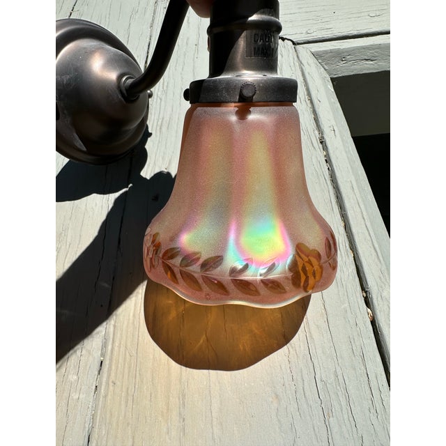 American Pair of Antique Brass Sconces With Vintage Nuart Shades For Sale - Image 3 of 7