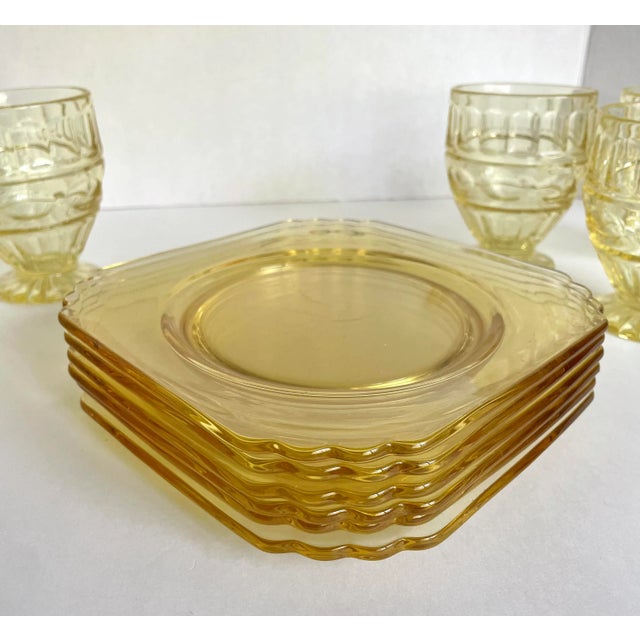 Early 20th Century Set of 12 Yellow Depression Era Glasses and Plates For Sale - Image 9 of 13