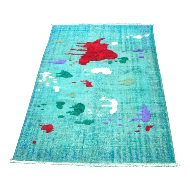 Vintage Pompom Design Turkish Handmade Turquoise Rug For Sale