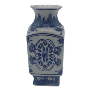 Mid 20th Century Chinese Blue & White Square Porcelain Vase With Floral Cartouches
