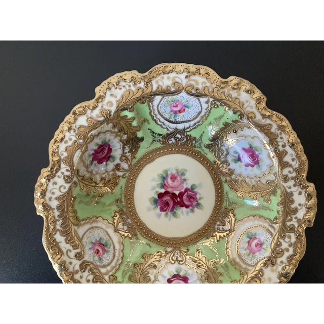 Early 20th Century Early 20th Century Hand Painted Gold Nippon Green Floral Victorian Roses Porcelain Bowl, Japan For Sale - Image 5 of 12