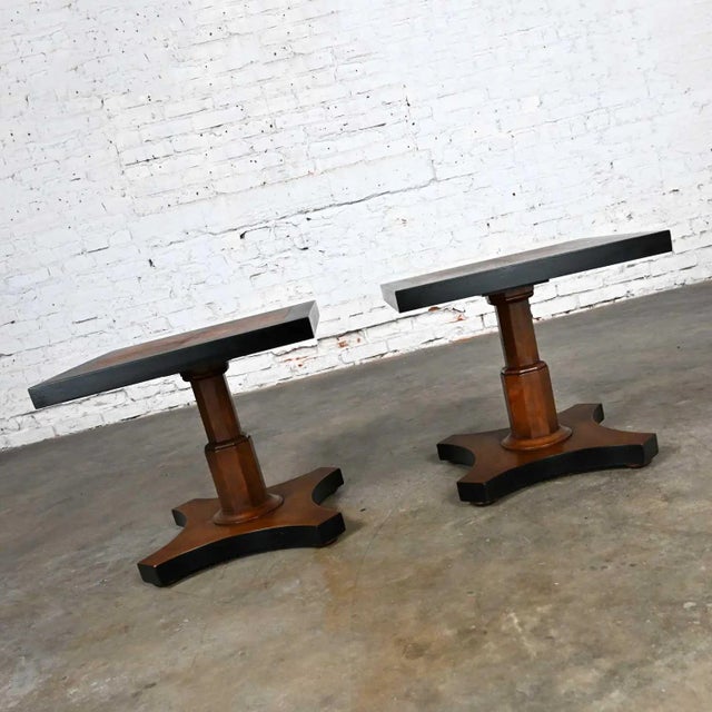 Late 20th Century Baker Furniture Campaign Style Black & Natural Pedestal End Tables a Pair For Sale - Image 9 of 13