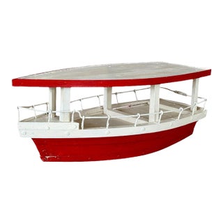 Antique American Nautical Folk Art Wooden Canopied Launch Boat Sculpture & Bar Server For Sale