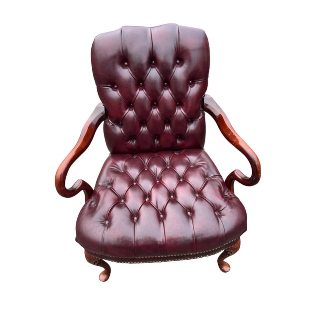 Red Late 20th Century Pair Red Chesterfield Tufted Leather Gooseneck Library Armchairs For Sale - Image 8 of 15