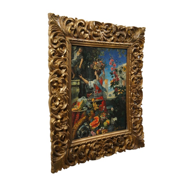 Late 20th century oil painting on linen after "Flowers, Fruit with a Woman Picking Grapes" by Christian Berentz. Depicts a...