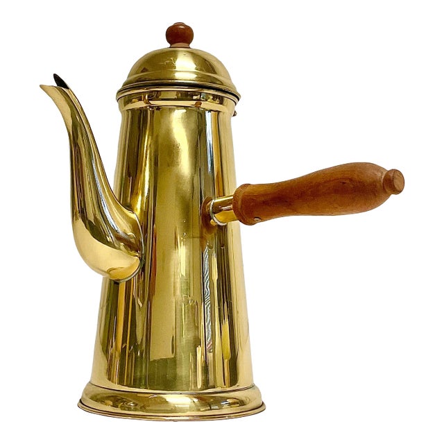 Vintage English Hollywood Regency Brass Over Stainless Chocolate-Coffee Pot With Wood Handle For Sale