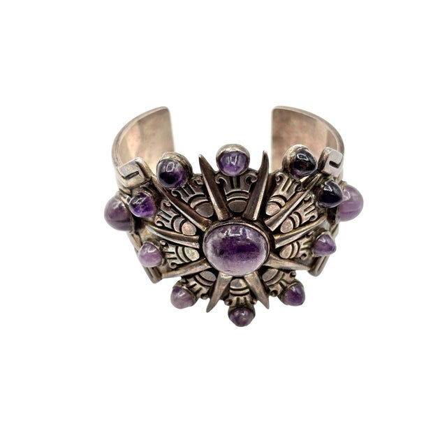 1940's Taxco William Spratling Silver With Amethyst Sun Motif Cuff Bracelet For Sale In Los Angeles - Image 6 of 14