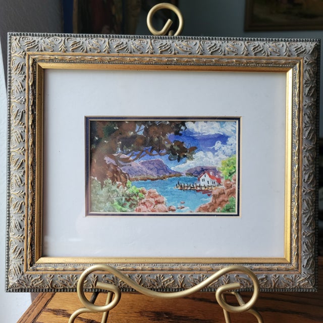 1980s Signed by A. Calabrese Framed & Matted Watercolors Small 5.5 X 4" Art Sz 9x11" Frame - a Pair For Sale - Image 4 of 17
