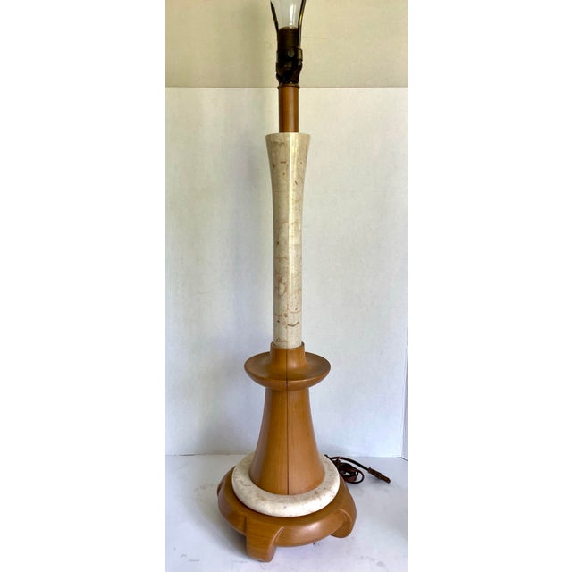 Tan Mid-Century Modern Wood and Travertine Stone Table Lamp For Sale - Image 8 of 12