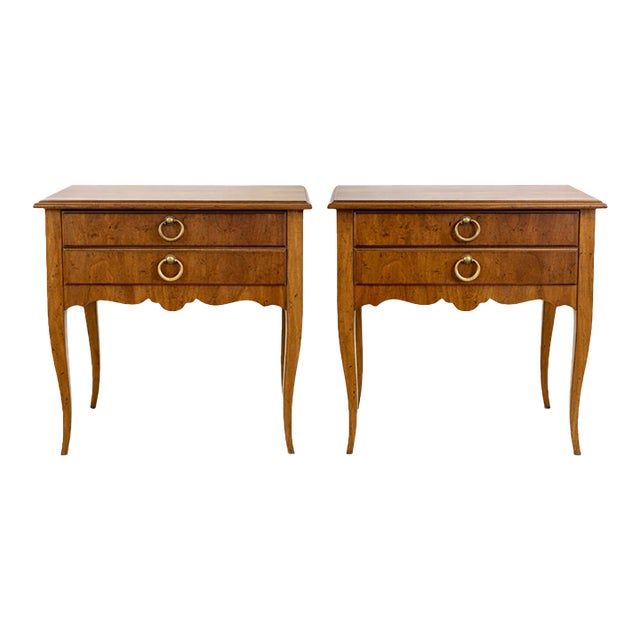 Late 20th Century Pair of Heritage Neoclassical Walnut Side Tables With Brass Ring Pulls and Finished Backs For Sale