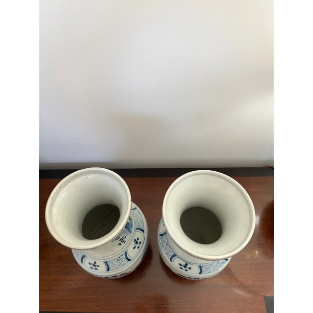 2010s Pair of Blue & White Chinoiserie Cherry Blossom Vases With Peony &Greek Key Motifs For Sale - Image 5 of 5