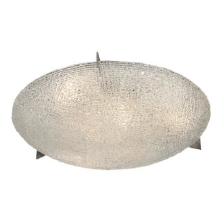 Mid-Century Textured Glass Round Flush Mount Minimal Nickel Fitted Chandelier For Sale