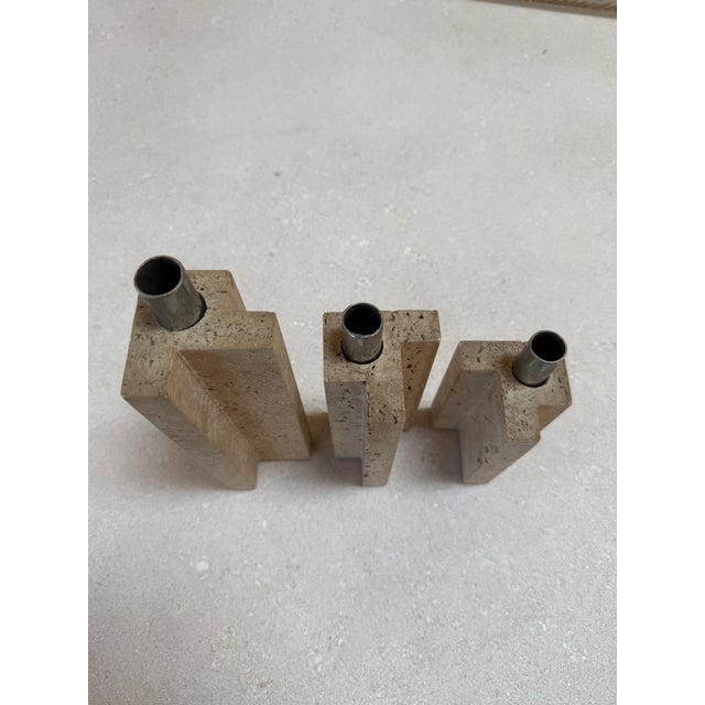 Modern Set of Three Travertine and Chrome Candleholders by c.l.a.m., Italy, 1970s For Sale - Image 3 of 9