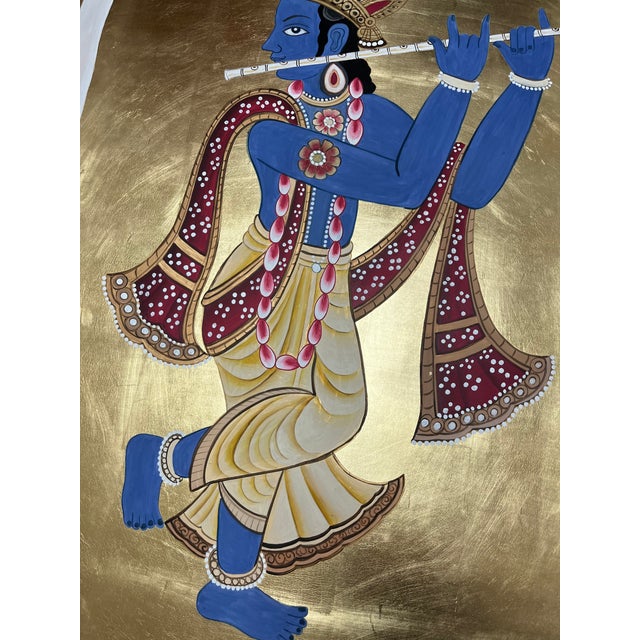Chinoiserie Gold Leaf Pichwai Krishna & Cow Hand-Painted Wall Panels (Set of 2) For Sale - Image 3 of 3