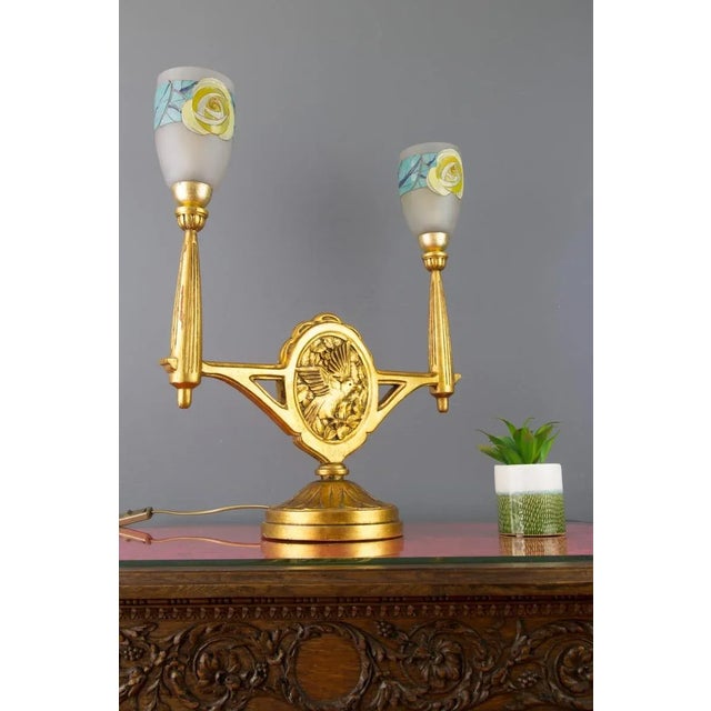 Art Deco Carved Wood and Frosted Enamel Table Lamp, 1930s For Sale - Image 17 of 18