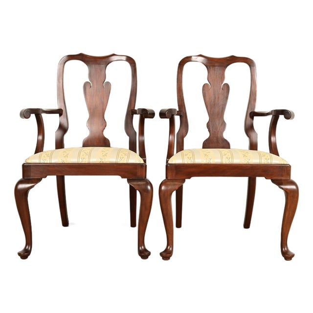 Henkel Harris Queen Anne Solid Mahogany Armchairs, Pair For Sale