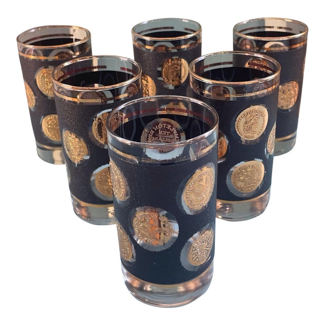 1970s Libbey’s Barware 22k Gold Coin Highball- Set of 6 For Sale