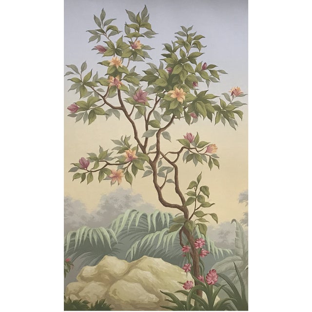 French 36" * H96" * 3ps, Hand-Painted French Retro Tropical Jungle Floral & Bird Wall Mural, Soft Mist Botanical Wallpaper For Sale - Image 3 of 5