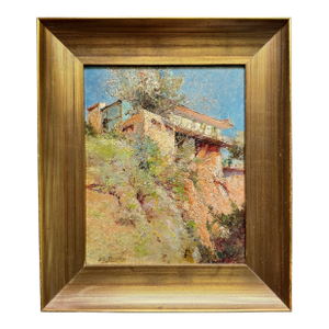 19th Century French Painting of Cliff Side House