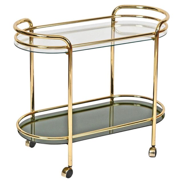 Mid-Century Italian Serving Bar Cart in Gilt Metal and Green Mirror Glass, 1970s For Sale - Image 10 of 10