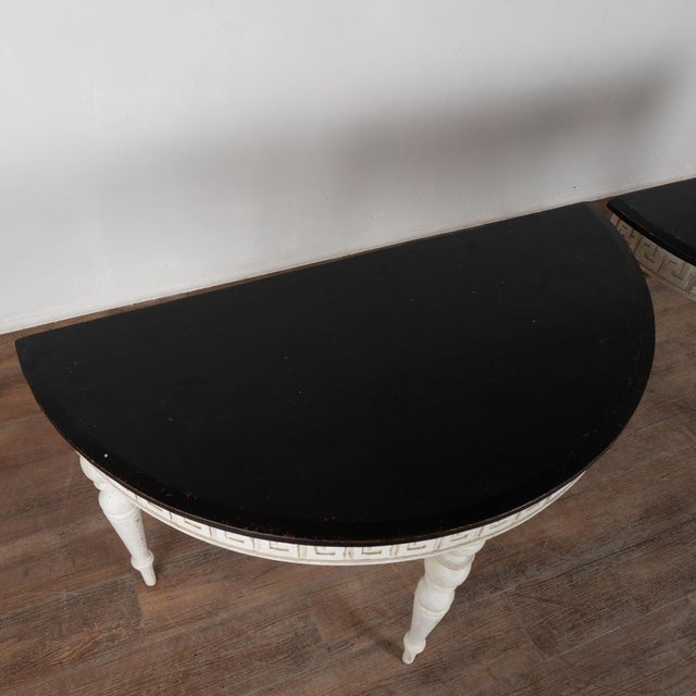 Gustavian (Swedish) Pair, 19th Century Swedish Gustavian White Demi Lune Console Tables For Sale - Image 3 of 15