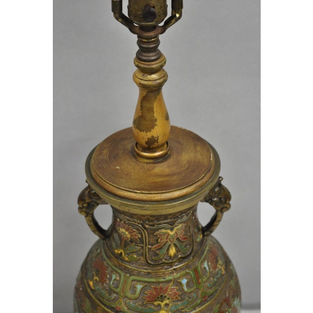 Metal Vintage Chinese Porcelain Enamel Bronze Lacquered Cloisonne Champleve Table Lamp For Sale - Image 7 of 11