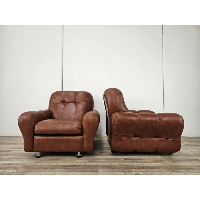 Mid-Century Modern Vintage Italian Brown Leather Club Chairs, 1970s, Set of 2 For Sale - Image 3 of 17