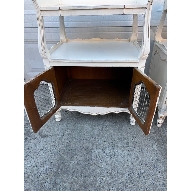 Vintage French Country Nightstands, Pair of Distressed White Bedside Cabinets With Wire Mesh Doors, Cottage Farmhouse Furniture, Shabby Chic For Sale - Image 11 of 12