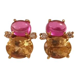 Christina Addison Mini 18kt Yellow Gold Gum Drop™ Earrings With Cabochon Pink Topaz, Faceted Citrine