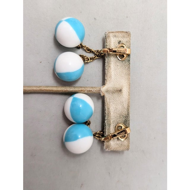 Vintage 1950s Signed Crown Trifari White & Turquoise Checked Drop Clip Earrings-2 Pieces For Sale - Image 10 of 10