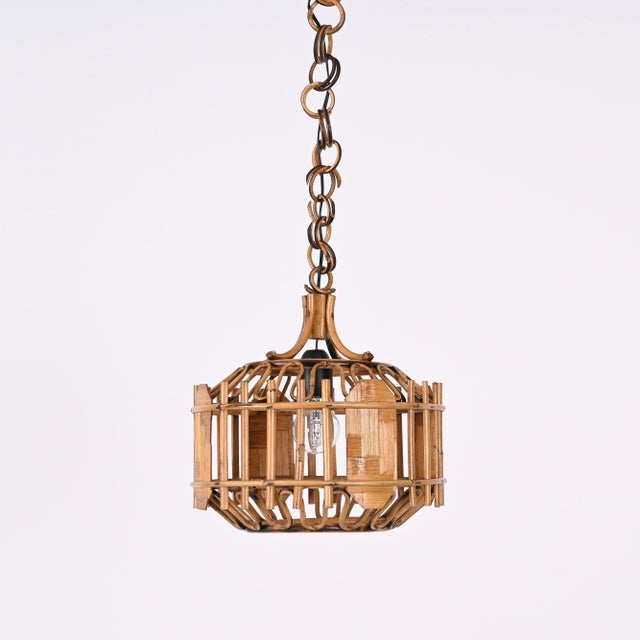 Brown Mid-Century French Riviera Style Bambo & Rattan Rounded Pendant Lamp, 1960s For Sale - Image 8 of 18