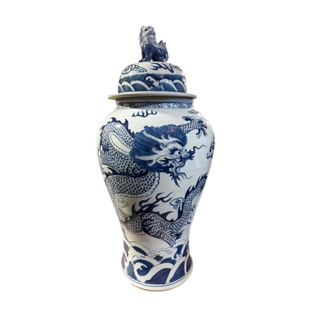 Chinoiserie Vintage Large Chinoiserie Blue& White Porcelain Ginger Jar Dragon & Phoenix 36" H For Sale - Image 3 of 11
