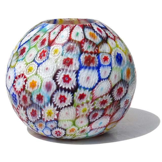 Murano Fratelli Toso Murano Vintage Millefiori Mosaic Italian Art Glass Ball Shaped Flower Bud Vase For Sale - Image 4 of 9