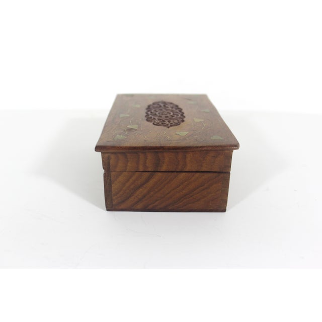 Wood Vintage Carved Wood Box, Brass Inlay Indian Indo, Lidded, Wooden Carving, Floral Hinged Lid Box, Brown Wood Trinket, Jewelry, Stash Heart For Sale - Image 7 of 10