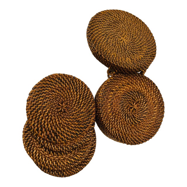 Set of Four Round Coasters Inclosed in Woven Wicker Case For Sale