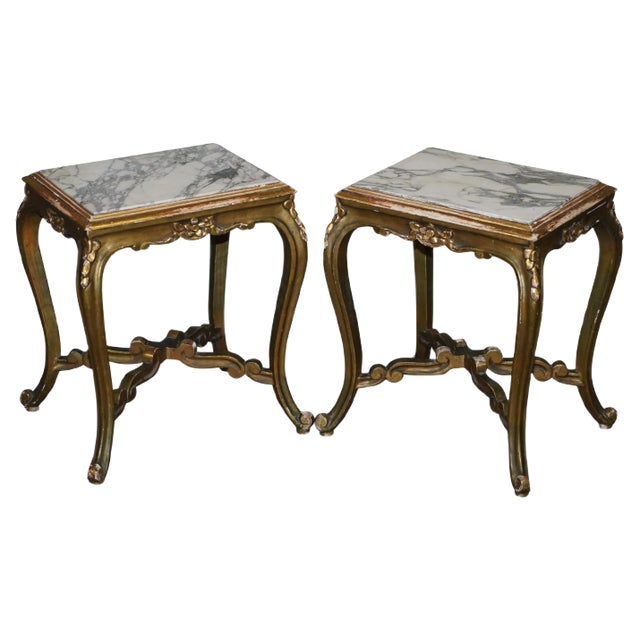 French Napoleon III Gold Giltwood Marble Topped Side Tables, 1860s, Set of 2 For Sale