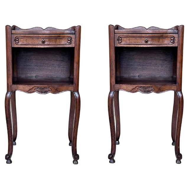 Early 20th Century 20th Pair of Dark Walnut Nightstands Tables with Drawer and Open Shelf For Sale - Image 15 of 18