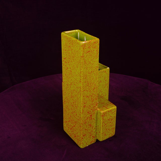 Forest Green Geometric Twin-Column Ceramic Vase Space Age, Italy 1970, 1980s For Sale - Image 8 of 18