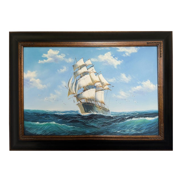 Large Original Marine Oil Painting Tall Ship on Open Sea Nautical Seascape For Sale