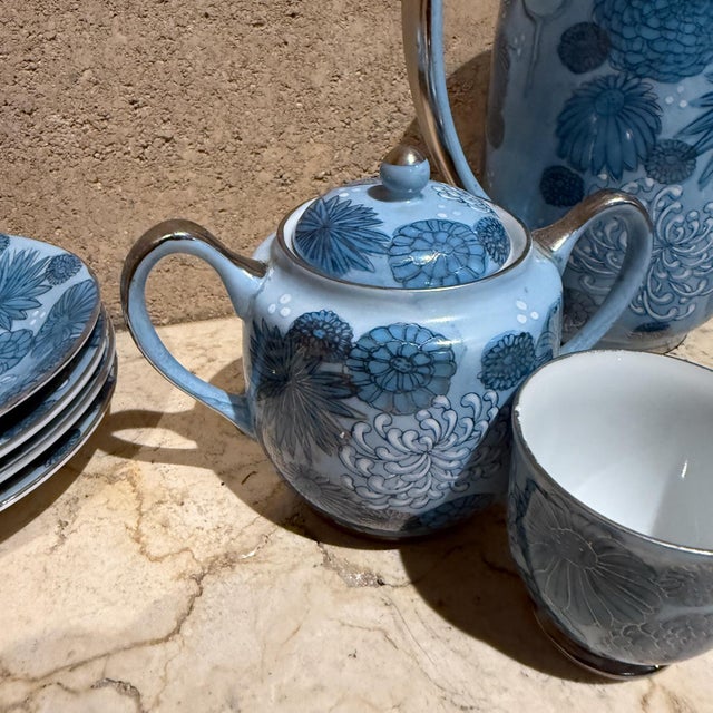 AMBIANIC presents Meito Japan Blue Floral Porcelain Tea Set Service for four plus extra 2 cups made Japan Teapot Creamer...