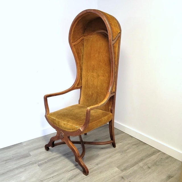 French 1970s French Revival Porter’s Canopy Chair in Fruitwood and Ochre Velvet For Sale - Image 3 of 11