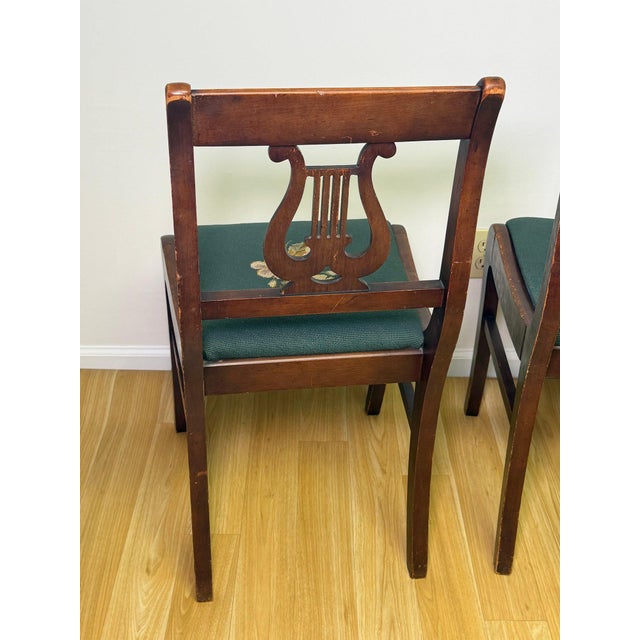 Victorian Four Vintage Duncan Phyfe-Style Lyre-Back, Hand-Embroidered Needlepoint Drop-in Seat Chairs For Sale - Image 3 of 5