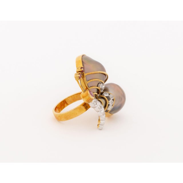 Metal 18k Rose Gold, Diamond, Ruby, and Pearl Butterfly-Form Ring For Sale - Image 7 of 9