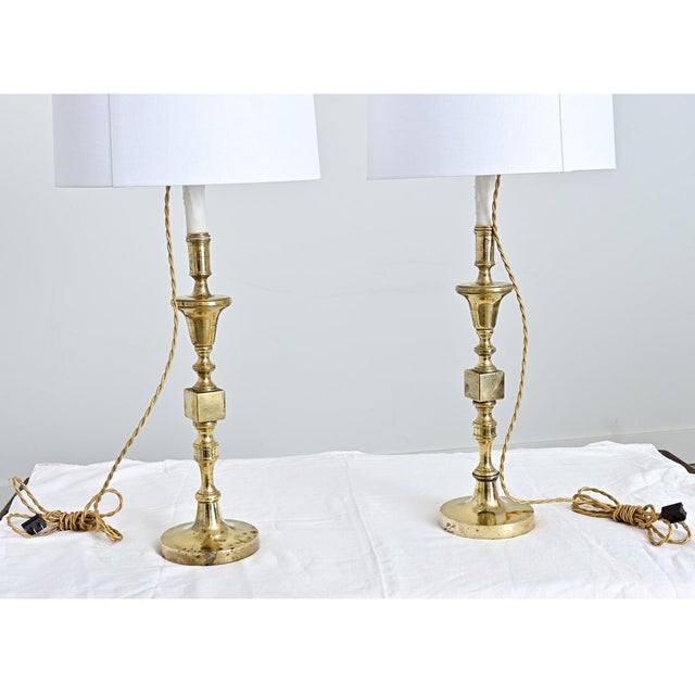 Modern Vintage French Brass Candlestick Lamps - a Pair For Sale - Image 3 of 12