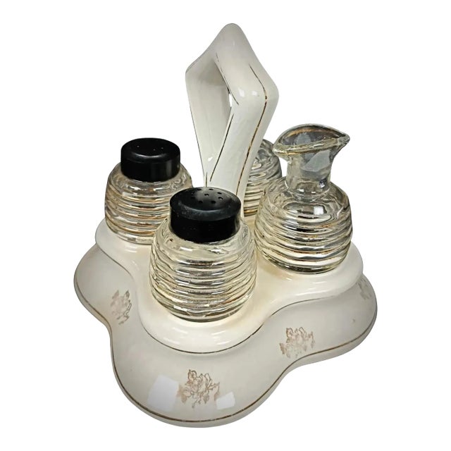 Vintage Glass and Faience Condiment Set With Floral "China" Design- 5 Pieces For Sale