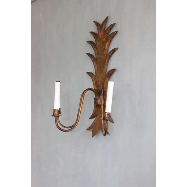 Gold Large 1950s Spanish Gilt Metal Foliate Three-Arm Wall Sconce For Sale - Image 8 of 11