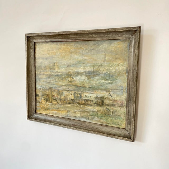 Dove Gray Vintage Landscape Oil on Masonite Framed Painting For Sale - Image 8 of 9